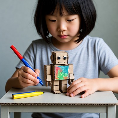 Asian girl coloring cardboard robot