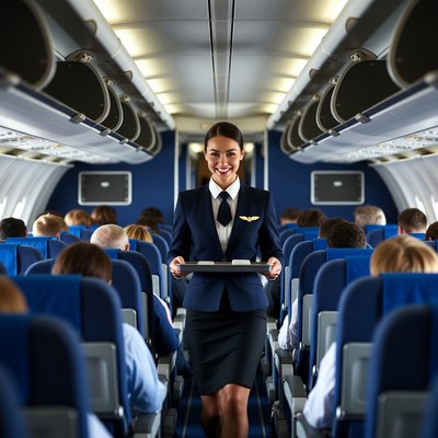 Flight Attendant Serving Passengers Airplane