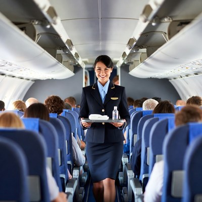 Flight Attendant Serving Passengers Airplane