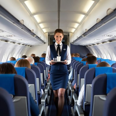 Flight Attendant Serving Passengers Airplane