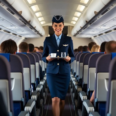 Flight Attendant Serving Drinks Airplane