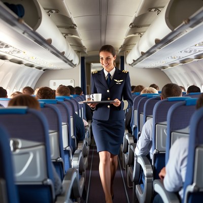 Flight attendant serving coffee in airplane