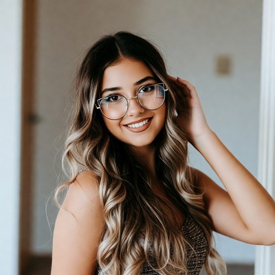 Smiling woman with glasses touching hair