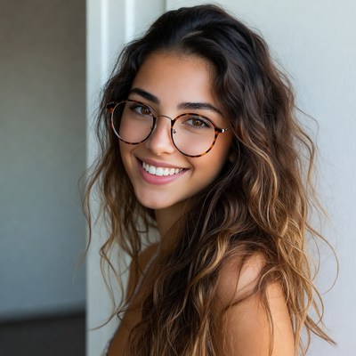 Smiling woman with tortoiseshell glasses