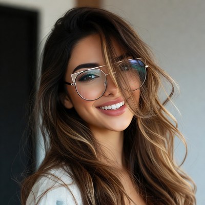 Smiling woman with oversized glasses