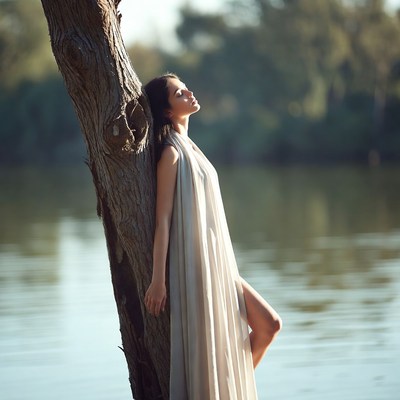 Woman leaning against tree by lake