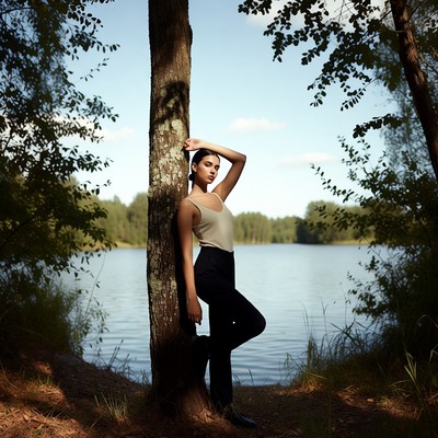 Woman leaning against tree by lake