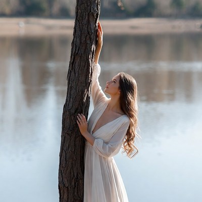 Woman embracing tree by lake