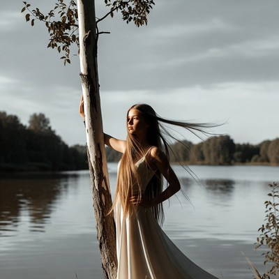 Woman in white dress by lake tree