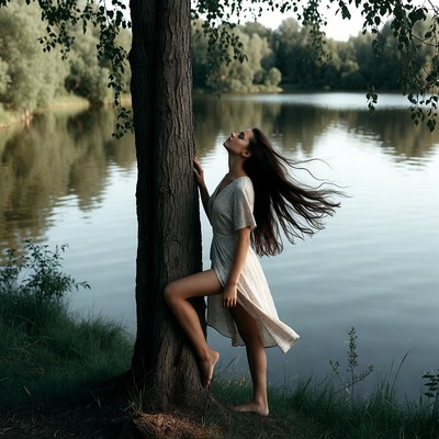 Woman leaning against tree by lake