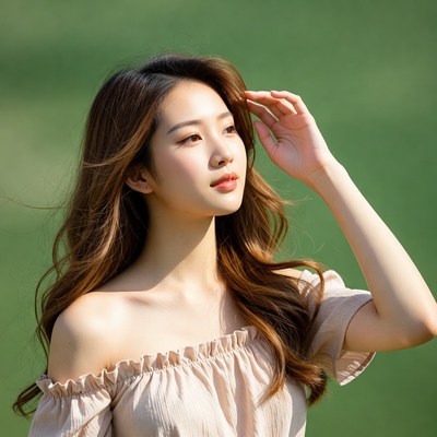 Asian woman shading eyes in field