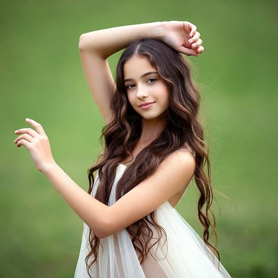 Girl posing in white dress on green grass