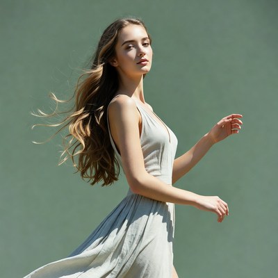 Young woman in flowing dress on green background