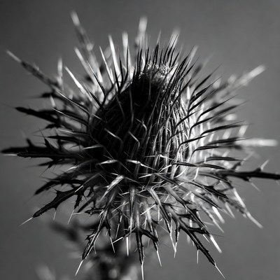 Thistle flower close-up black and white