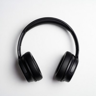 Black wireless headphones on white background