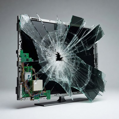 Broken TV Screen with Exposed Circuitry