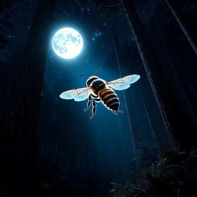 Bee Flying Under Moonlit Pine Forest