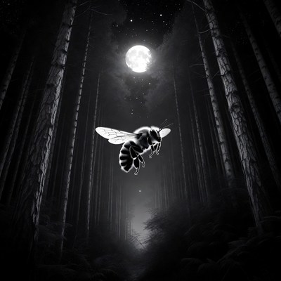 Flying Bee in Moonlit Dark Forest