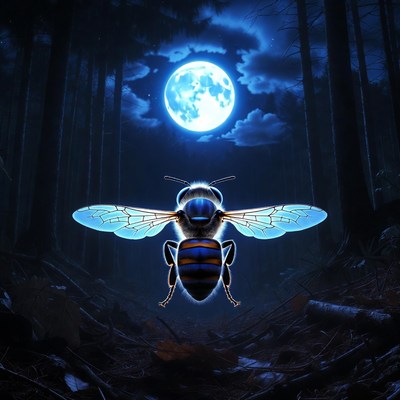 Blue Glowing Bee in Moonlit Forest
