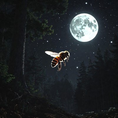 Bee Flying Near Moon in Forest