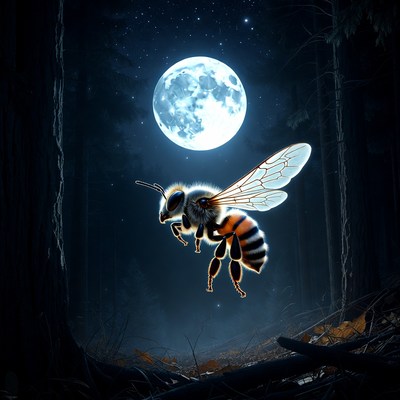 Honey Bee Flying Near Moon in Forest