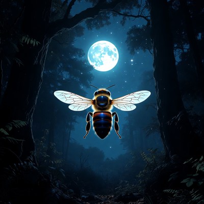Glowing Bee Flying in Moonlit Forest