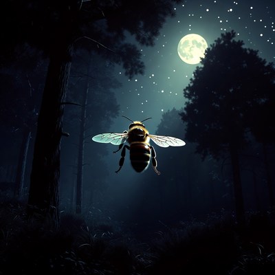 Bee Flying in Moonlit Forest