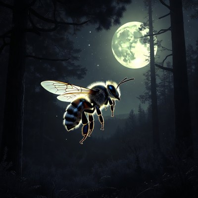 Bumblebee Flying in Moonlit Forest
