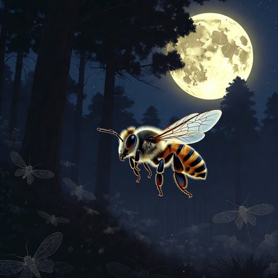 Bee Flying Near Moon in Forest