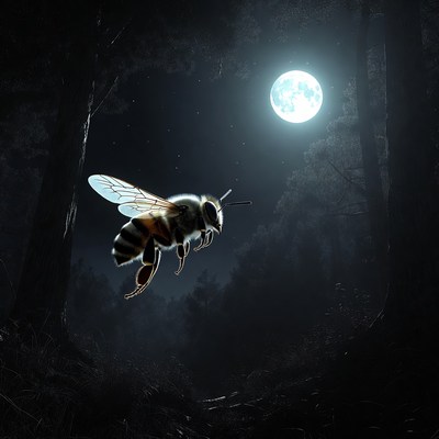 Honey Bee Flying Near Moonlit Forest
