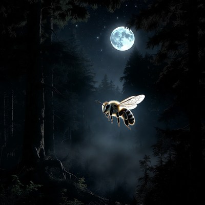 Bee Flying in Moonlit Forest