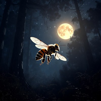 Bee Flying in Moonlit Forest