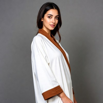 Woman in white brown-trimmed robe