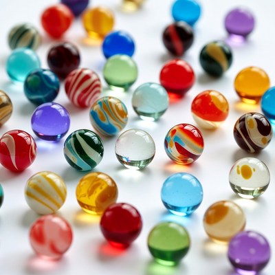 Colorful glass marbles on white background