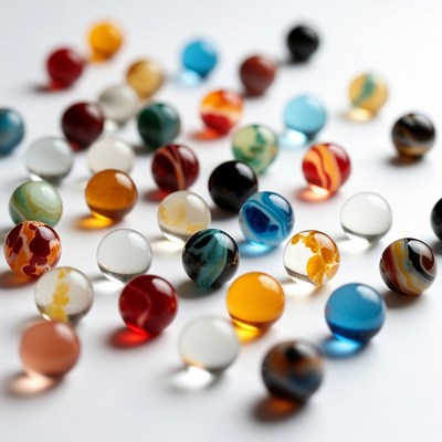 Colorful marbles scattered on white background