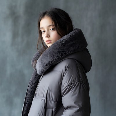 Asian girl in gray puffer jacket