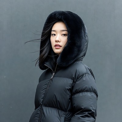 Asian woman in black fur hood jacket