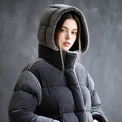 Woman in gray hooded puffer jacket