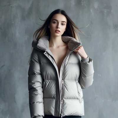 Woman in open gray puffer jacket