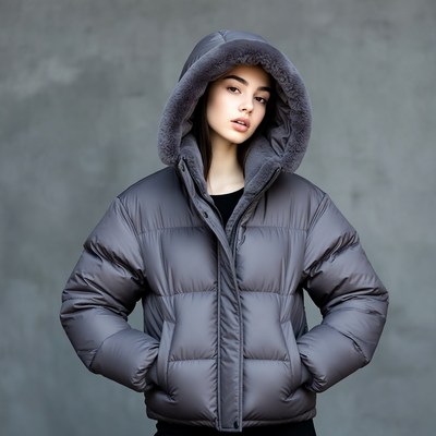 Young woman in gray fur hood jacket