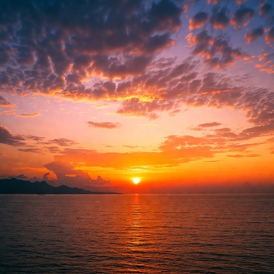 Sunset over ocean with mountains