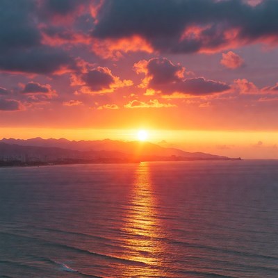 Sunset over ocean and mountains
