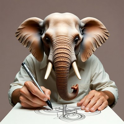 Man in elephant mask drawing