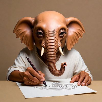 Elephant mask person drawing swirls