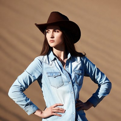 Woman in cowboy hat and denim shirt