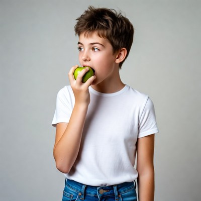 Boy biting green apple