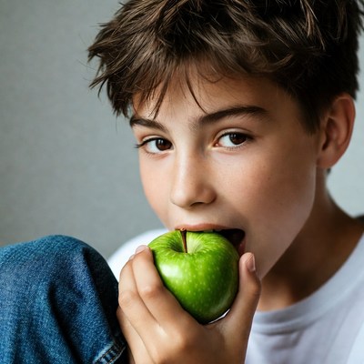 Boy biting green apple