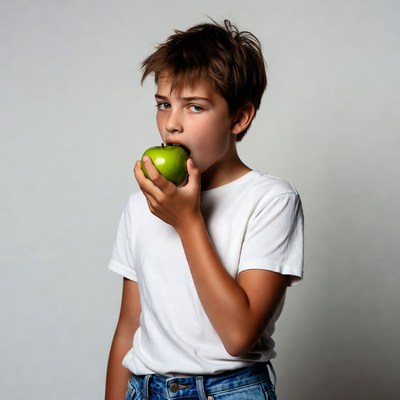 Boy biting green apple