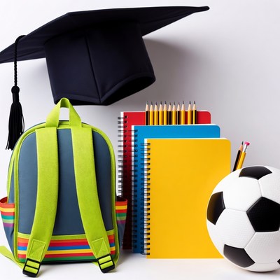 Graduation Cap with Backpack and School Supplies