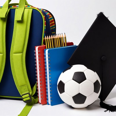 Backpack with Soccer Ball and Graduation Cap